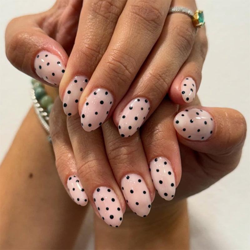 Black Dot Blush short round glossy press-on nails