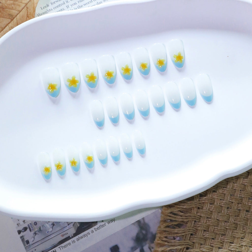 Tropical Blue French short round 3D floral press-on nails, alternate view 2