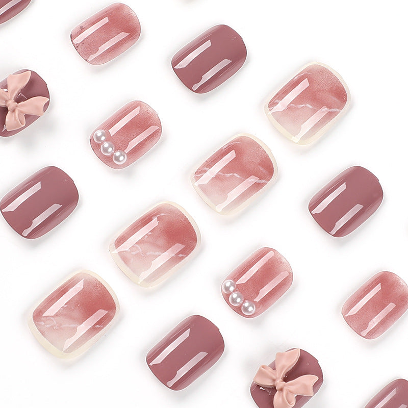 Ruby Pearl Bow short press-on nails