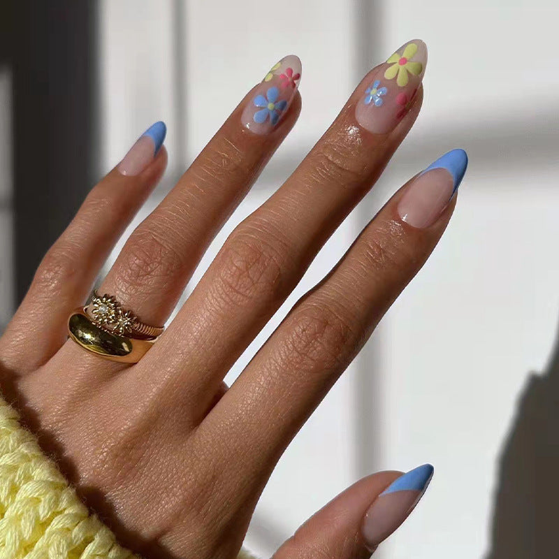 Blue Blossom French medium floral press-on nails