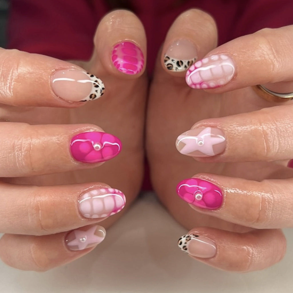 Rose Star Bloom short almond press-on nails