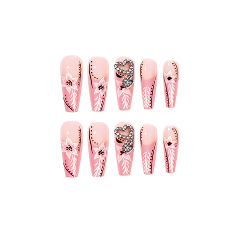 Pink Mosaic Heart rhinestone long press-on nails