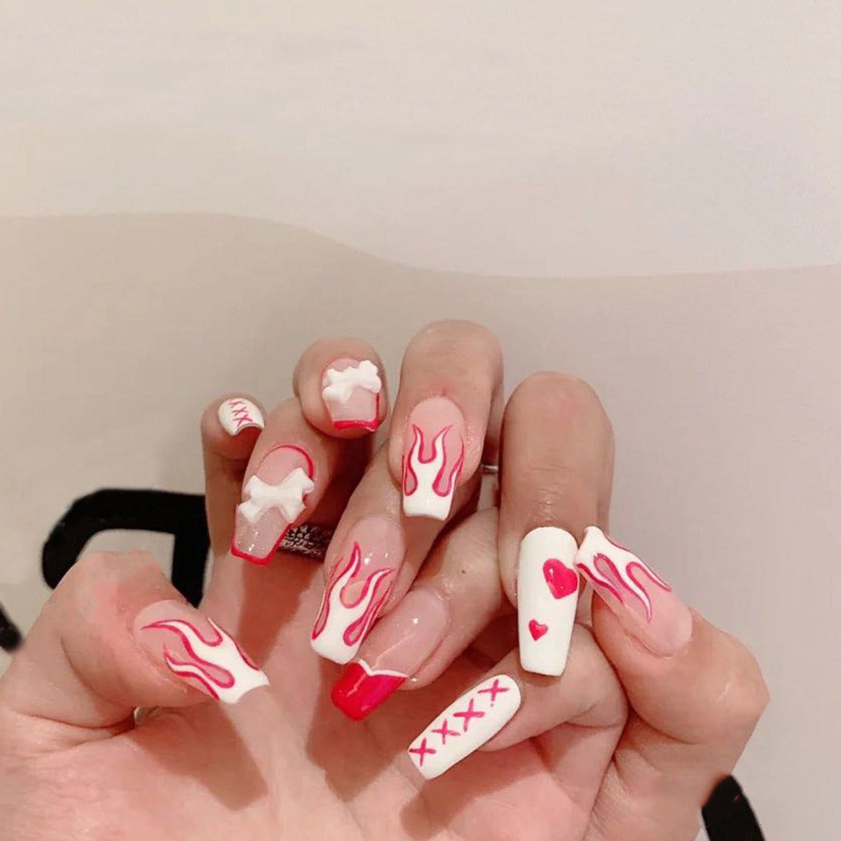 Blush Flame Bow press-on nails