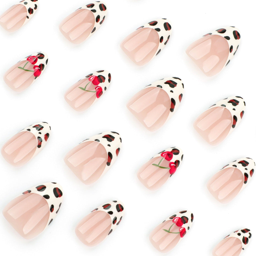 Cherry Leopard French long almond press-on nails