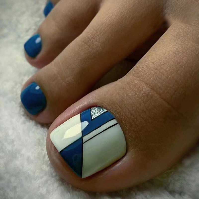 Sea Blue Stripe press-on toenails