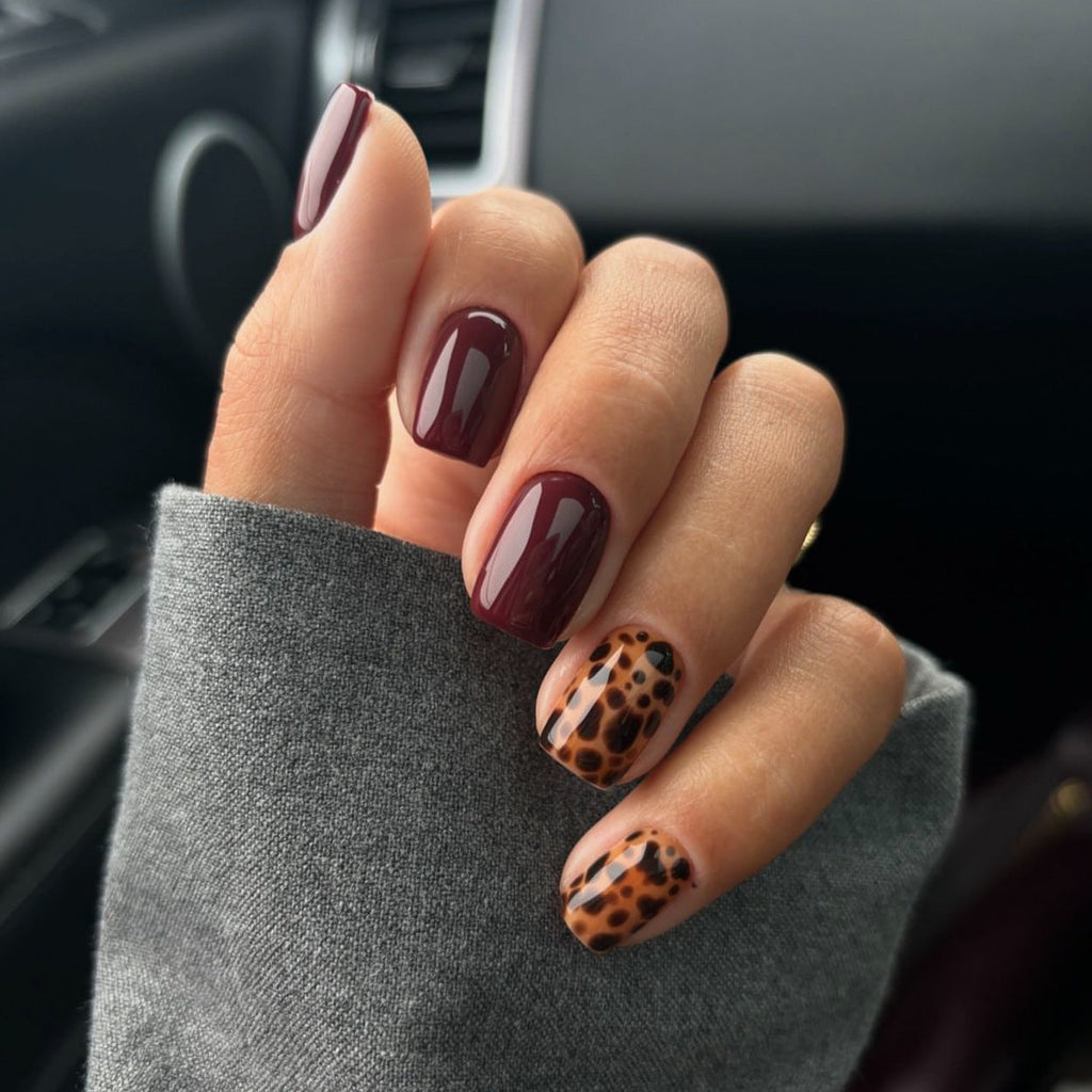 Burgundy Leopard short square press-on nails