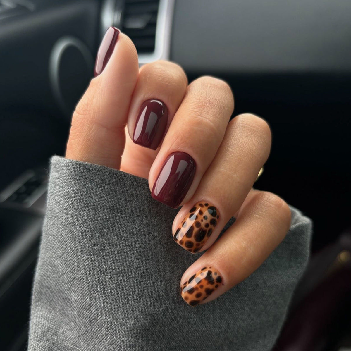 Burgundy Leopard short square press-on nails