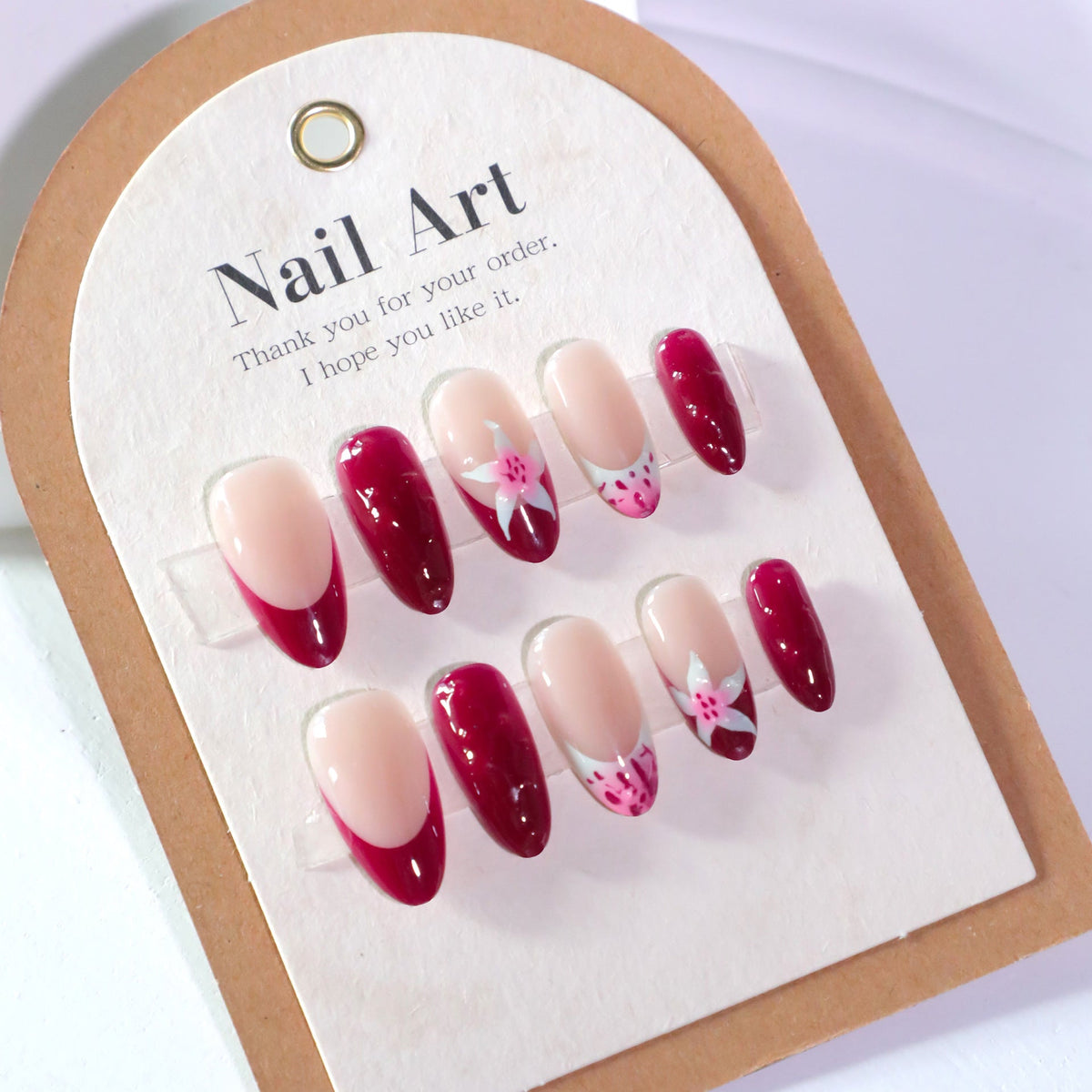 Burgundy Bloom French 3D short almond press-on nails