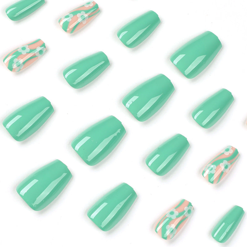 Green Garden Wave short floral press-on nails