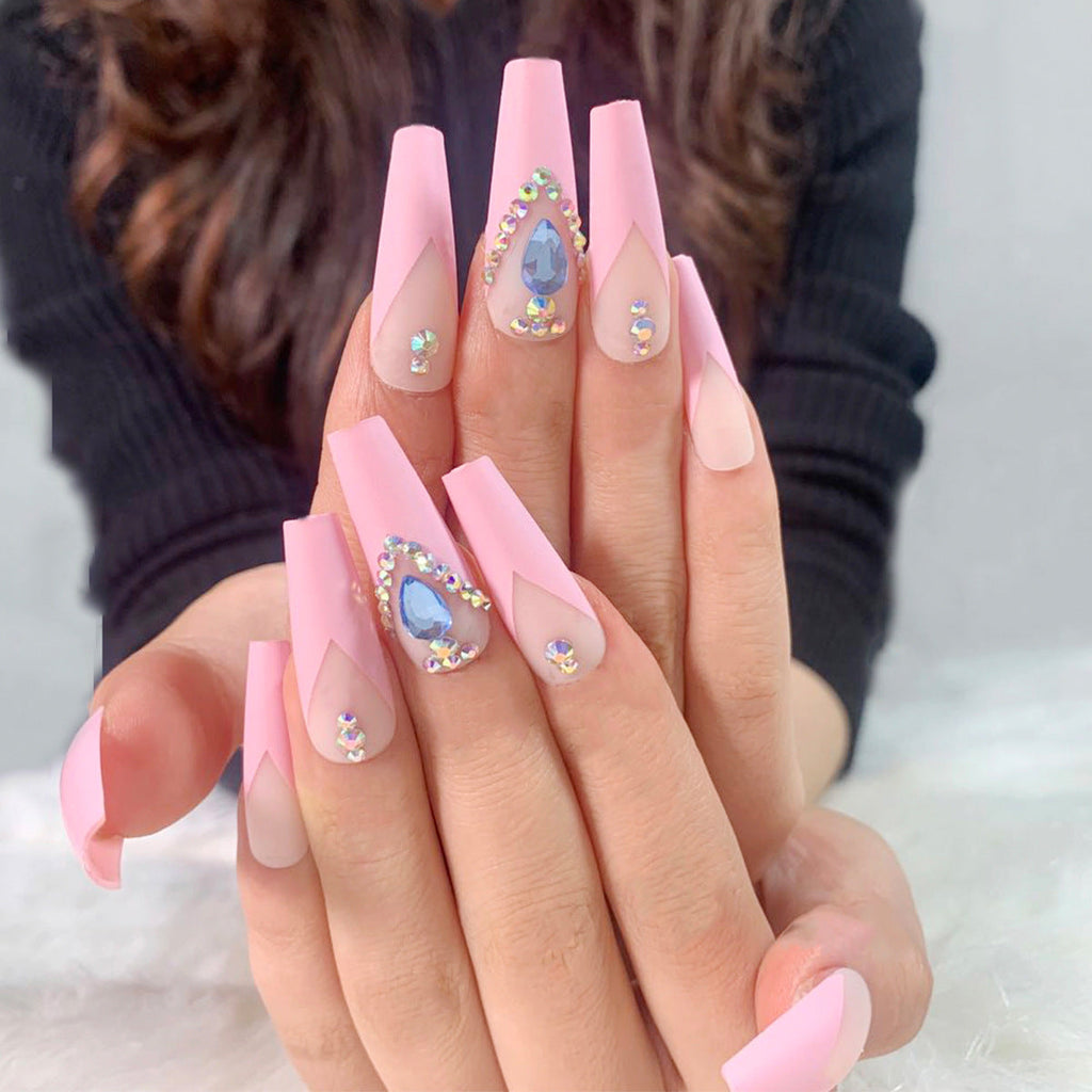 Blue Wave Crystal French long ballet press-on nails