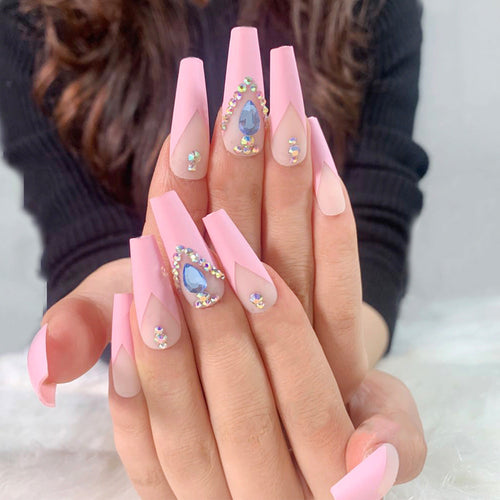 Blue Wave Crystal French long ballet press-on nails