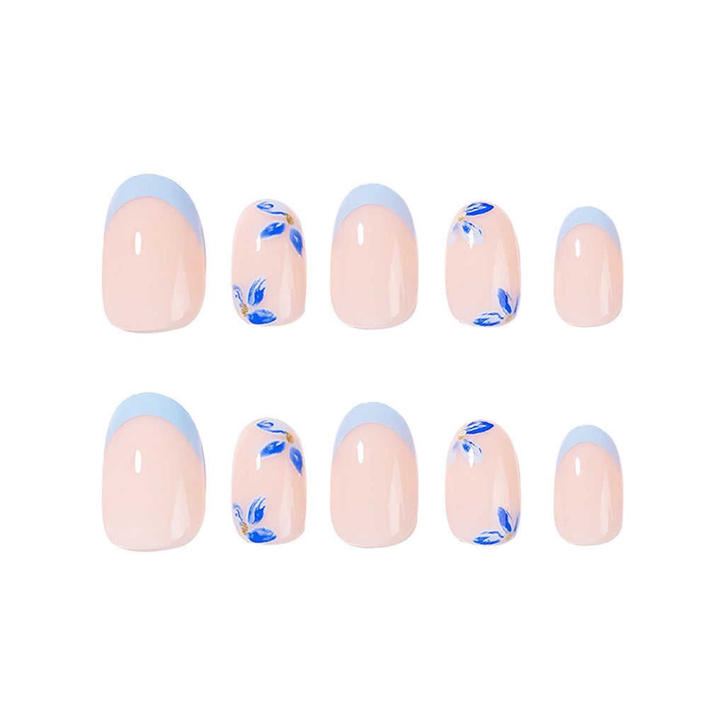 Blue Blossom French short oval press-on nails