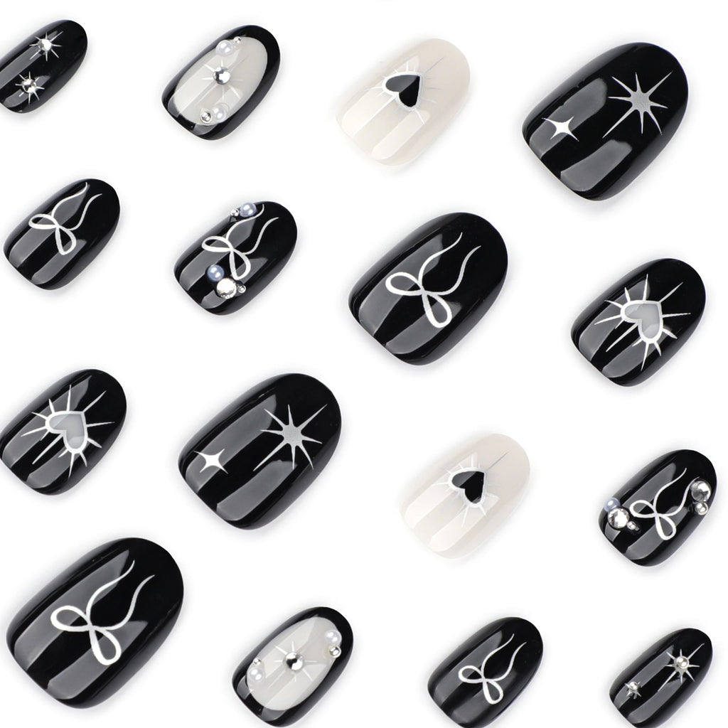 Pearl Bow Noir black and white heart press-on nails