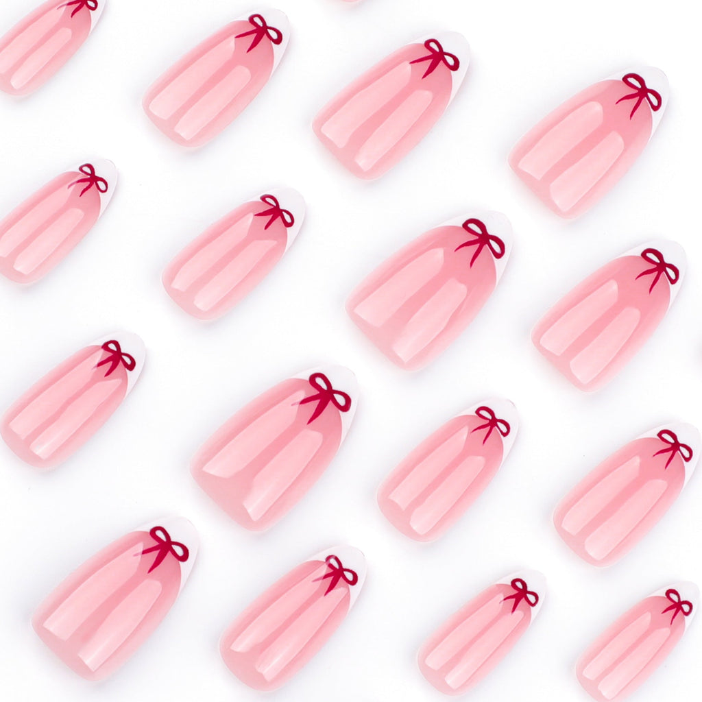 Burgundy Bow French white French press-on nails