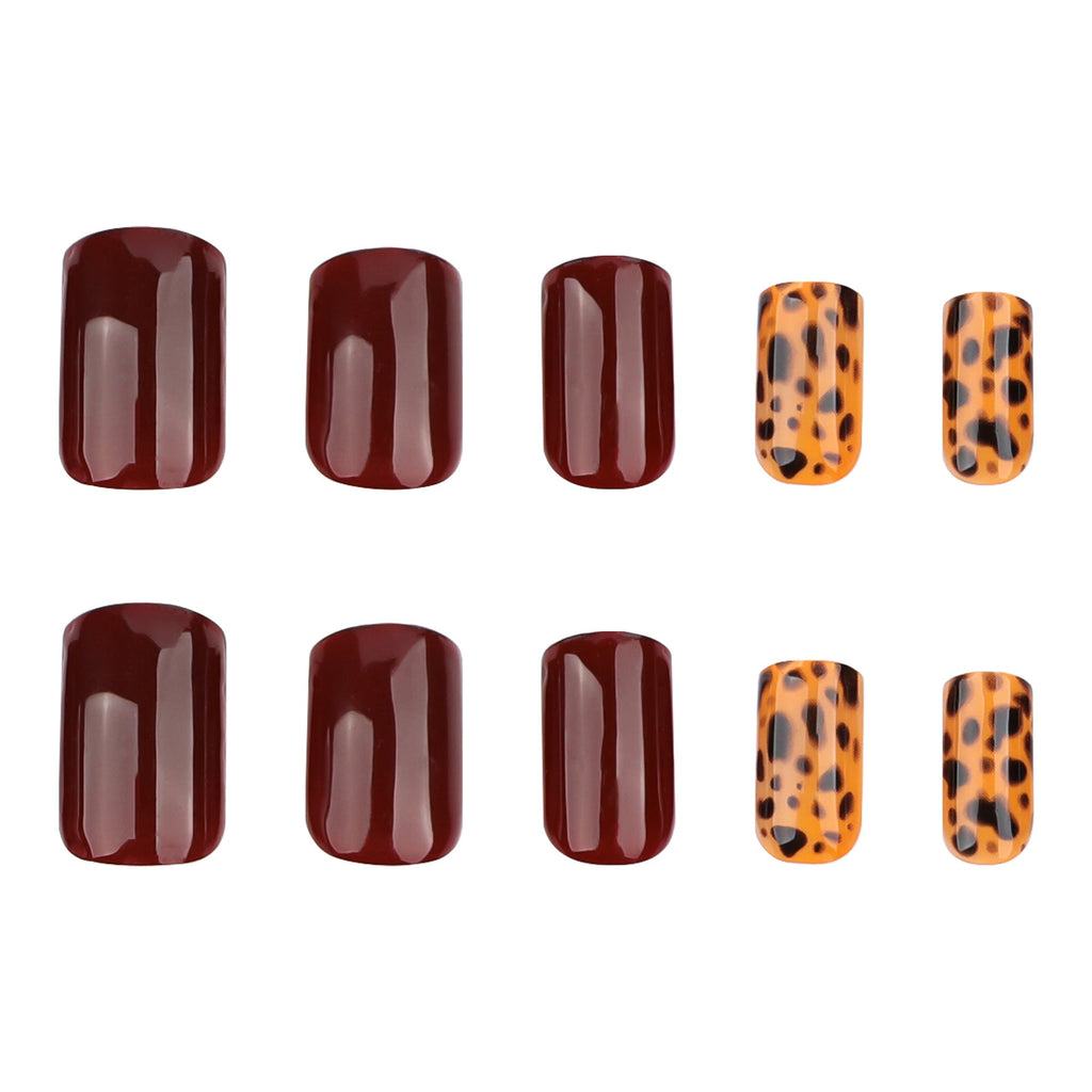 Burgundy Leopard short square press-on nails