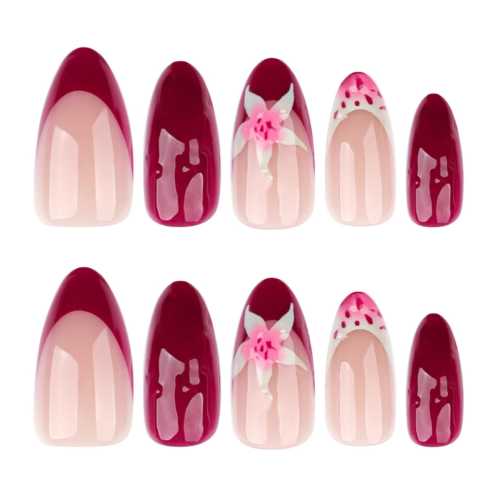 Burgundy Bloom French 3D short almond press-on nails