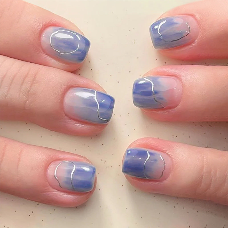 Blue Silver Fade short square press-on nails