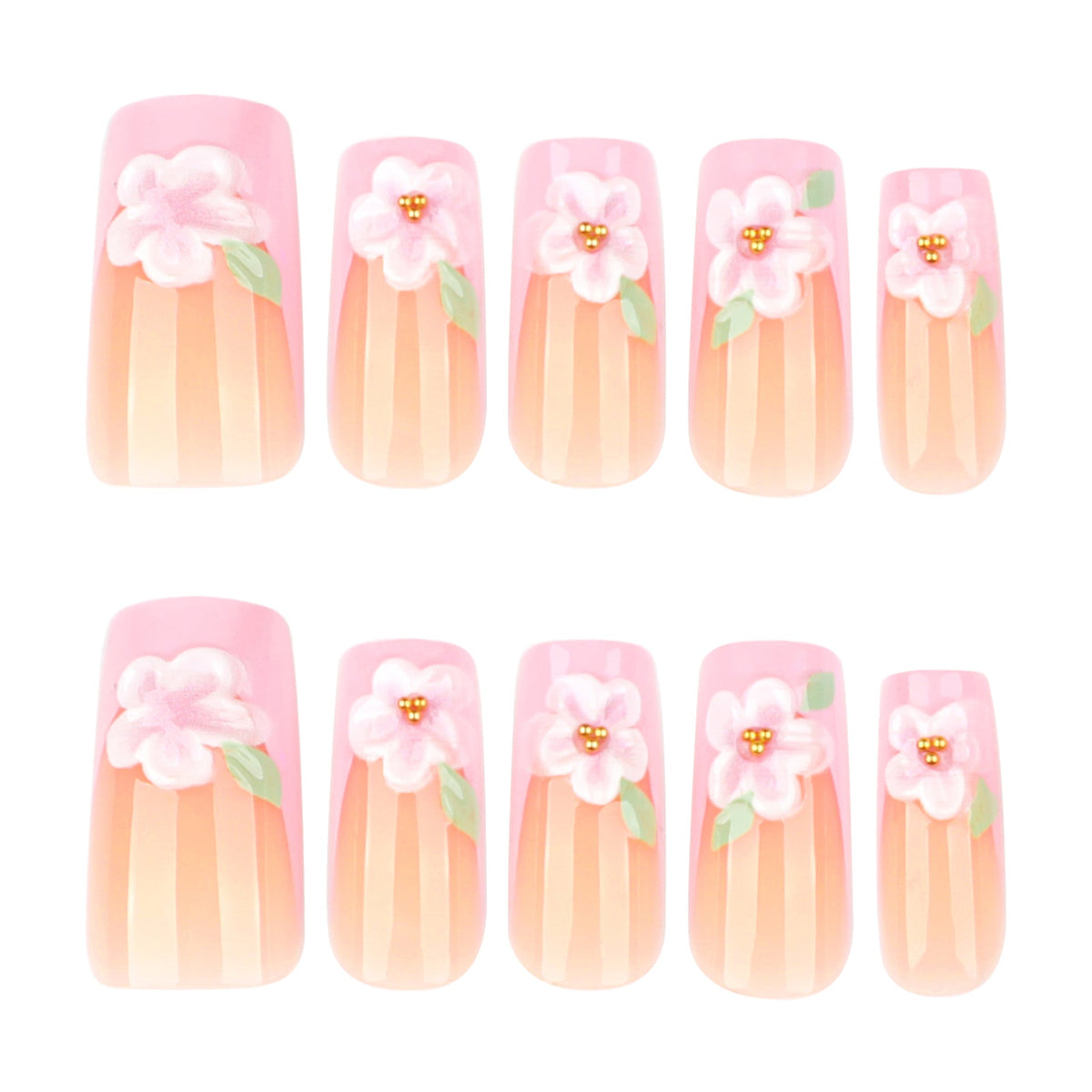 Pink 3D Blossom French long square press-on nails