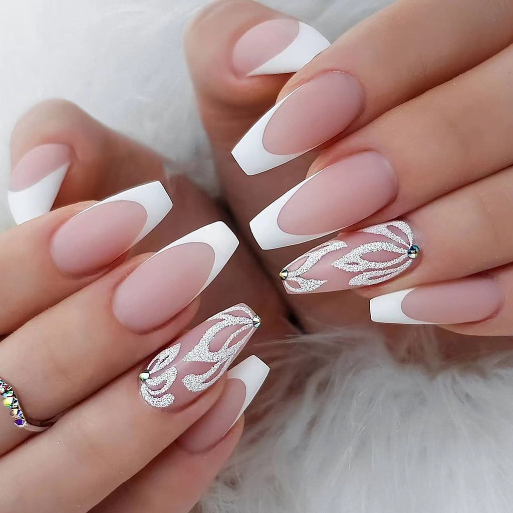 Silver Blossom French press-on nails