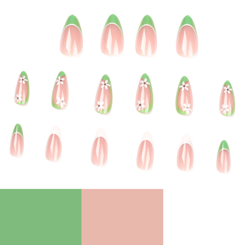 Green Blossom French extra short floral press-on nails