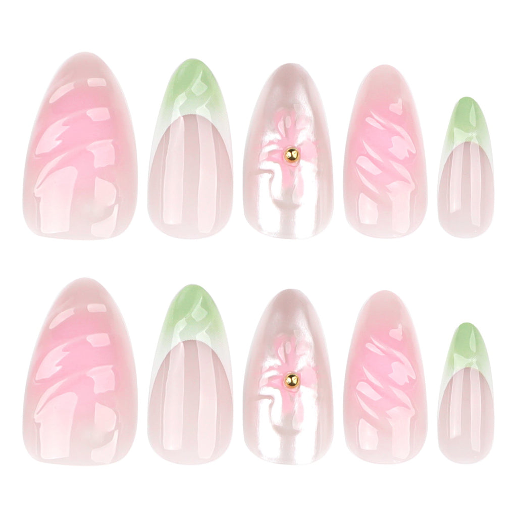 Sage Blossom French 3D short almond press-on nails
