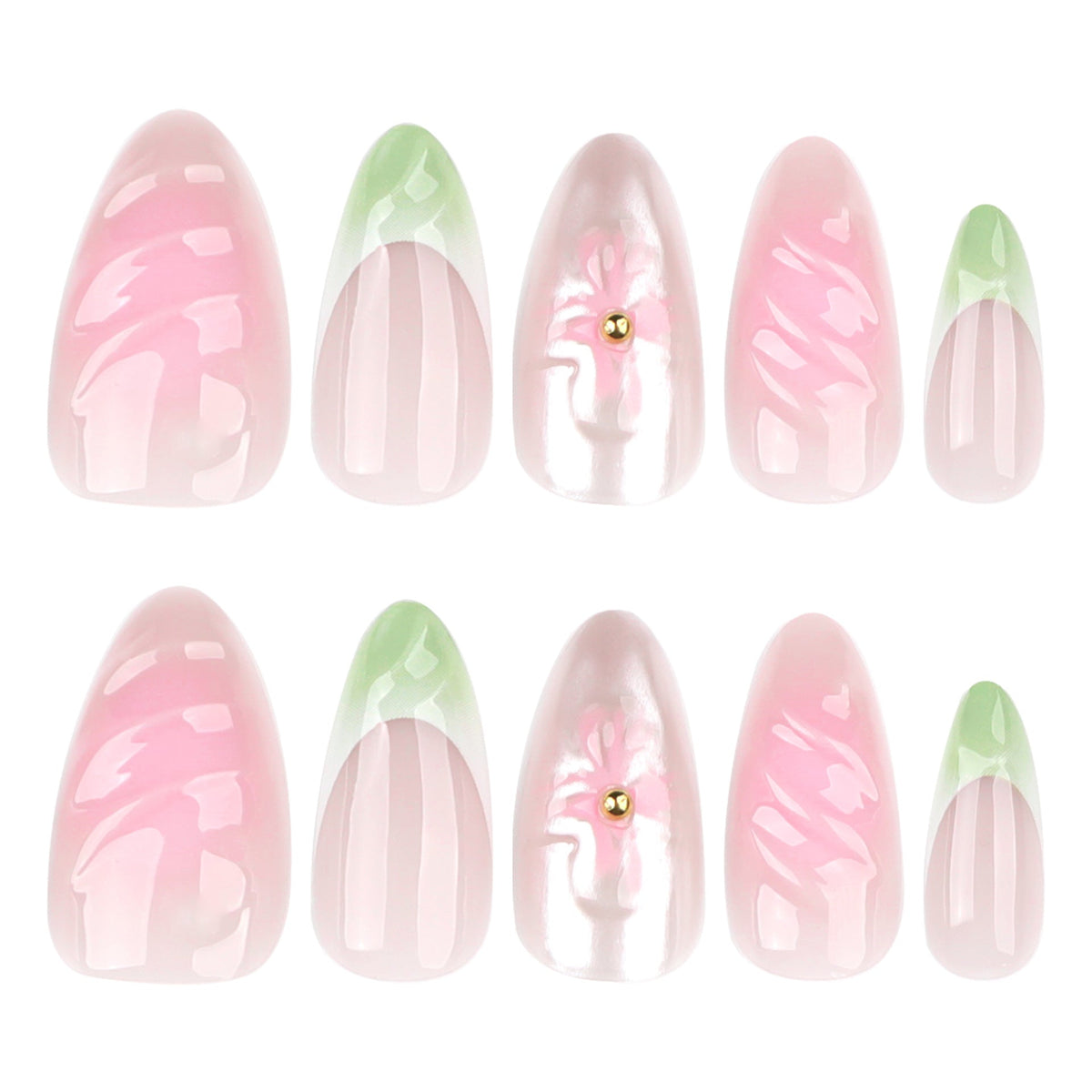 Sage Blossom French 3D short almond press-on nails
