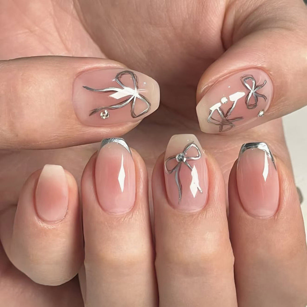 Silver Bow Blush nude pink press-on nails