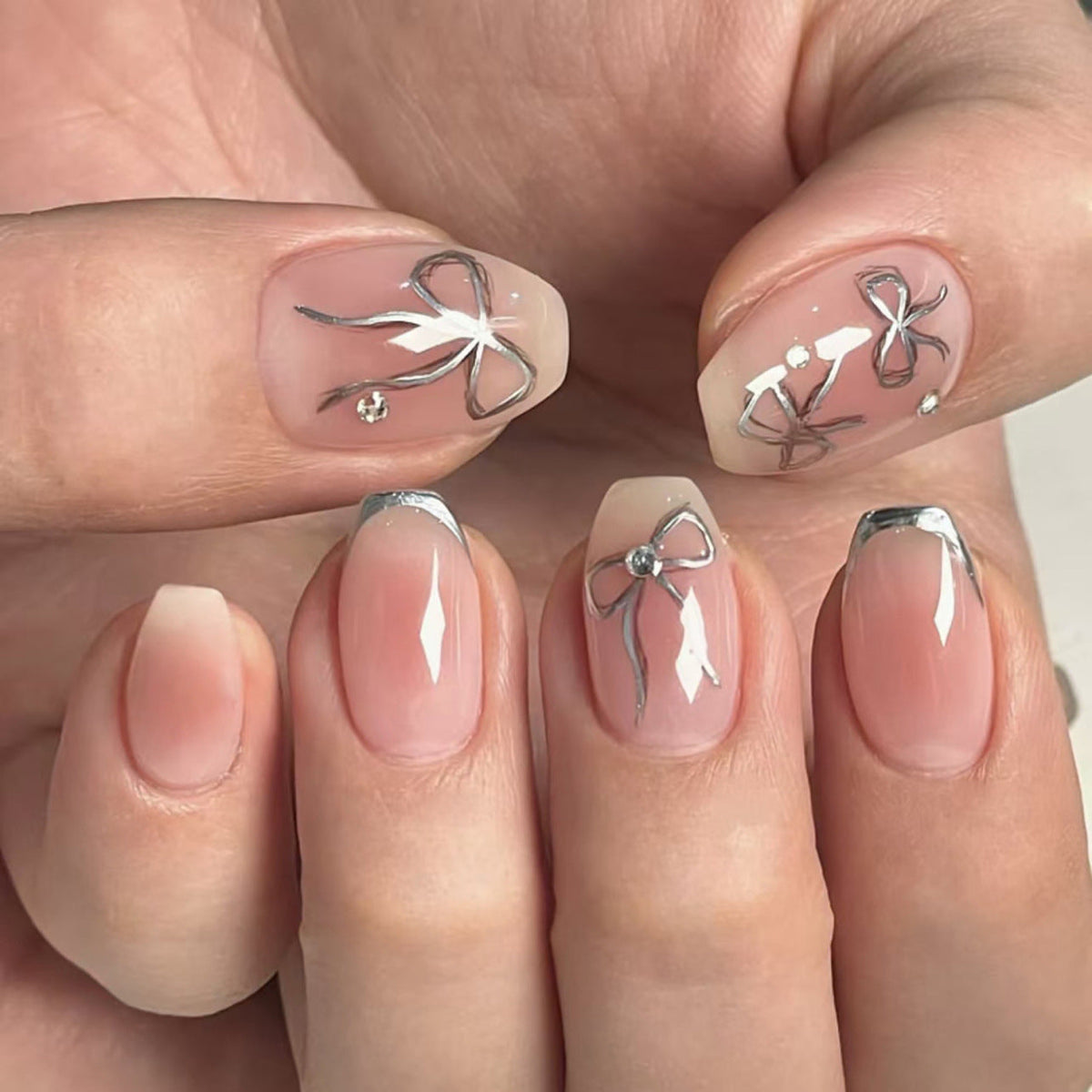 Silver Bow Blush nude pink press-on nails