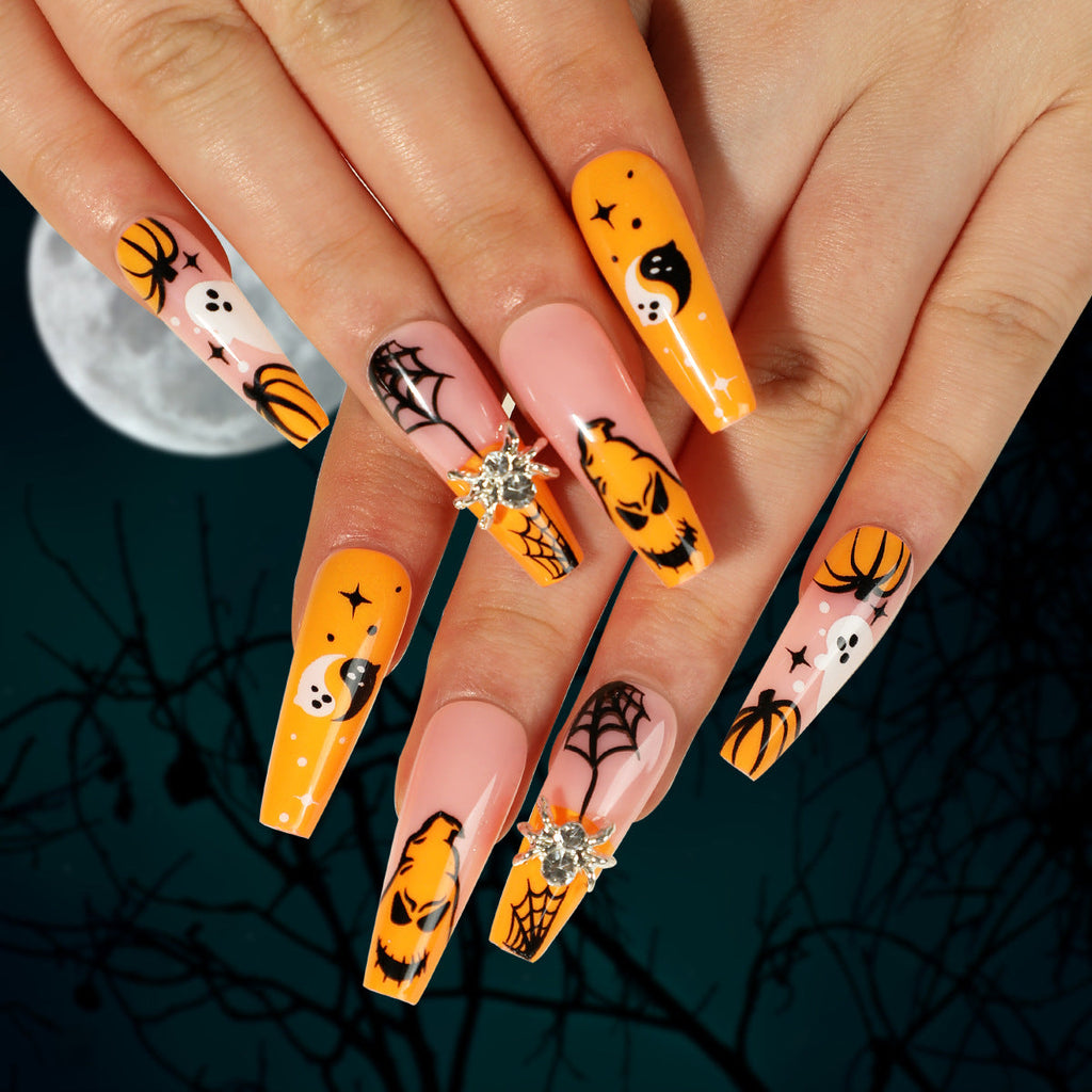 Ghost and Spider Halloween rhinestone press-on nails