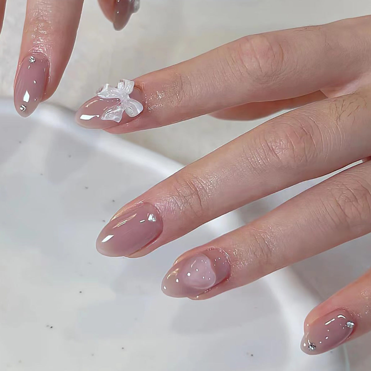 Blush Bow Heart pink press-on nails