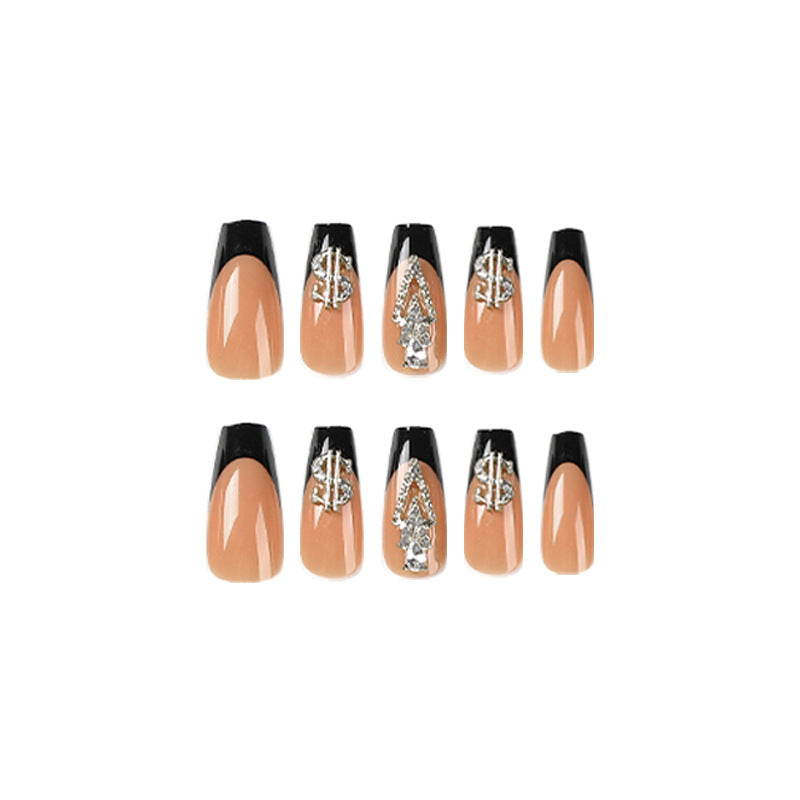 Money Noir French almond 3D rhinestone press-on nails