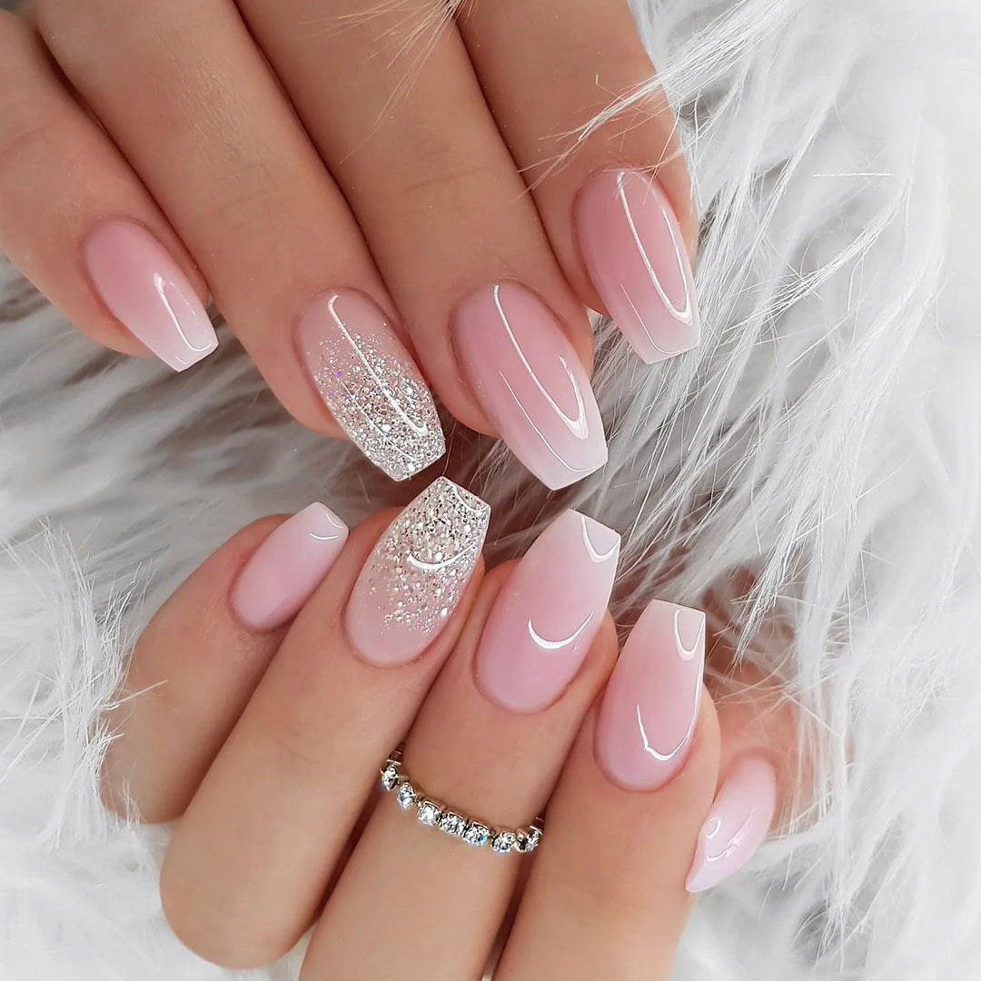 Snow Glow Fade white glitter press-on nails