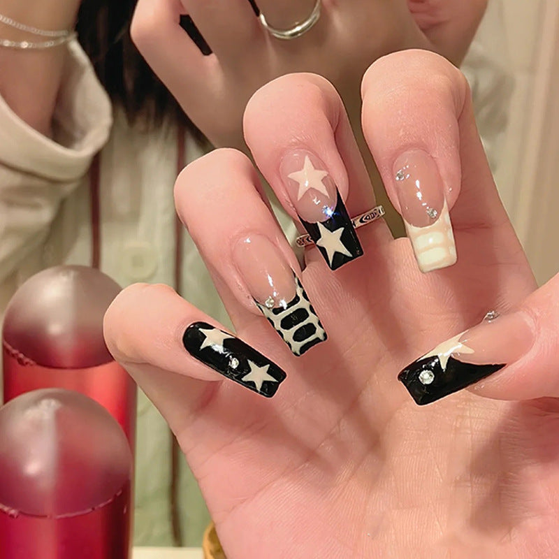 Star Contrast French rhinestone press-on nails