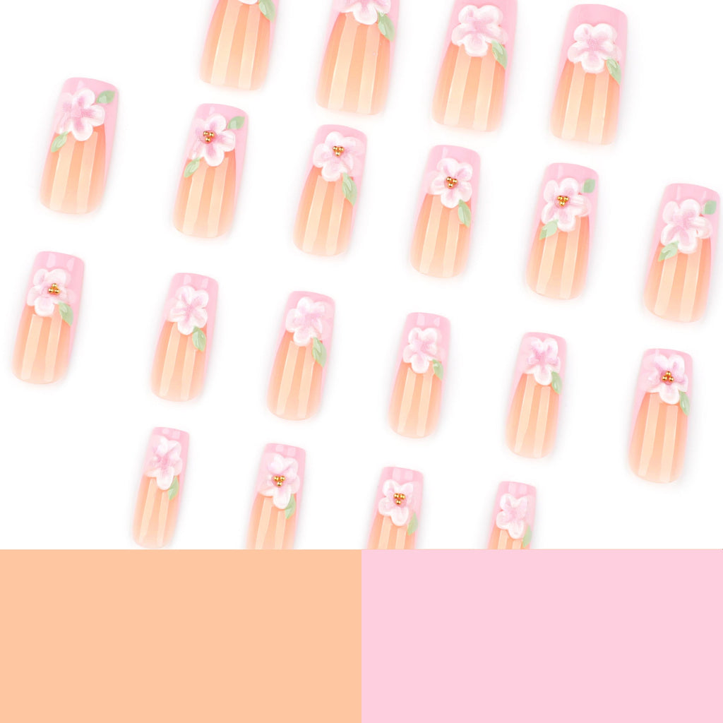 Pink 3D Blossom French long square press-on nails
