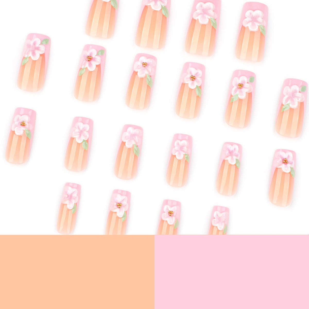 Pink 3D Blossom French long square press-on nails