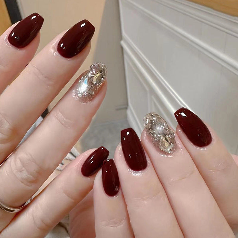 Burgundy Gold Sparkle rhinestone press-on nails
