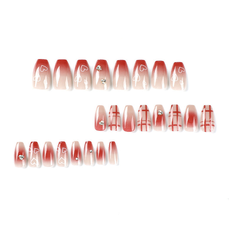 Ruby Plaid Heart rhinestone press-on nails