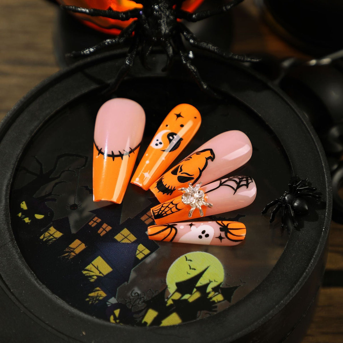 Ghost and Spider Halloween rhinestone press-on nails
