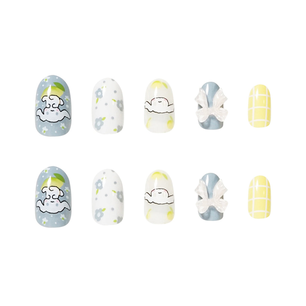 Lemon Bow Garden 3D floral oval press-on nails