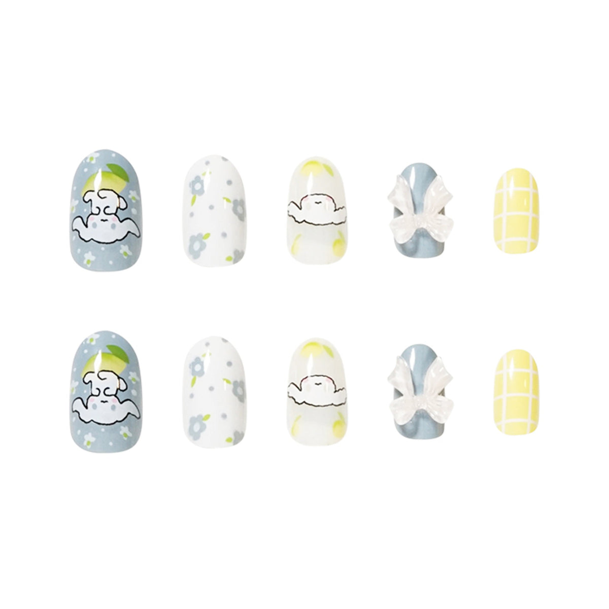 Lemon Bow Garden 3D floral oval press-on nails