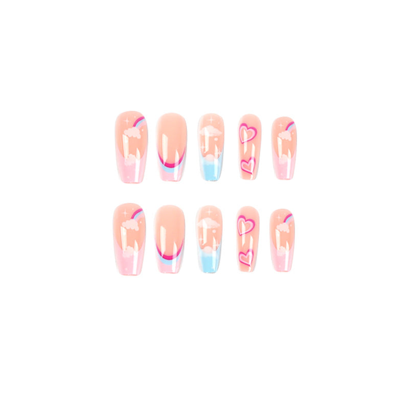 Rainbow Cloud French heart press-on nails