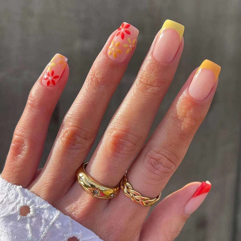 Tricolor Blossom French floral press-on nails
