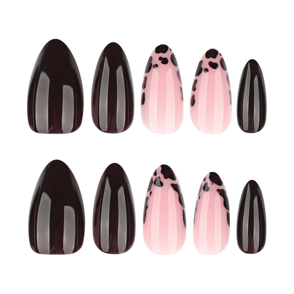 Pink Cow Print glossy almond press-on nails
