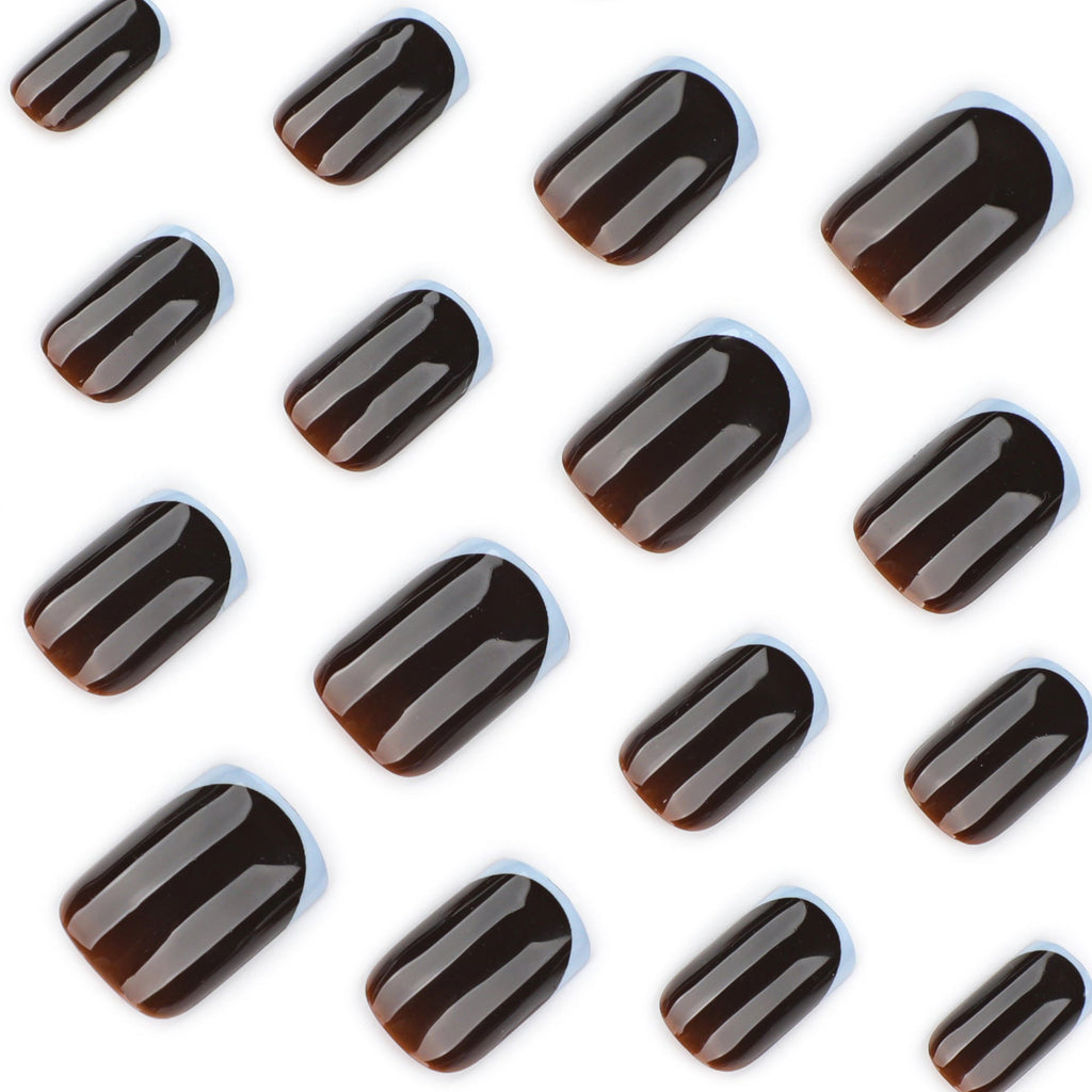 Mocha Blue French short square glossy press-on nails