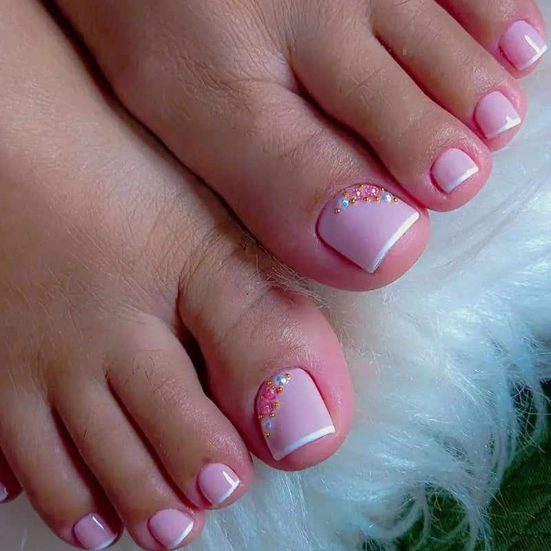 Blush Crystal French pink press-on toenails