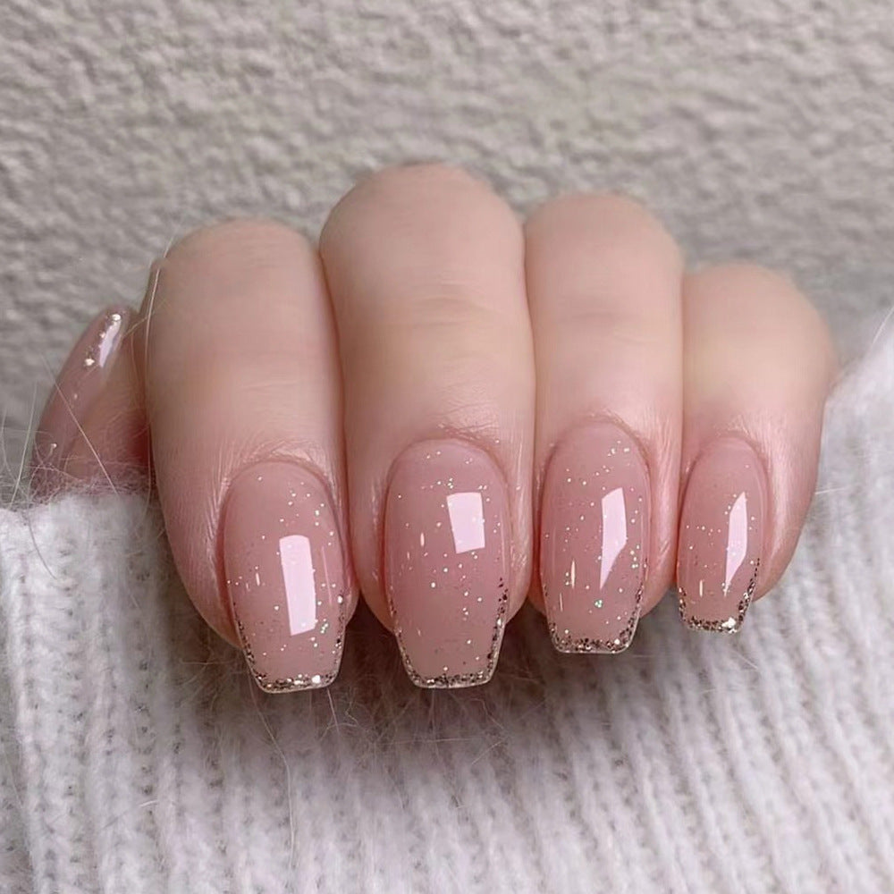 Blush Glitter French short ballet press-on nails