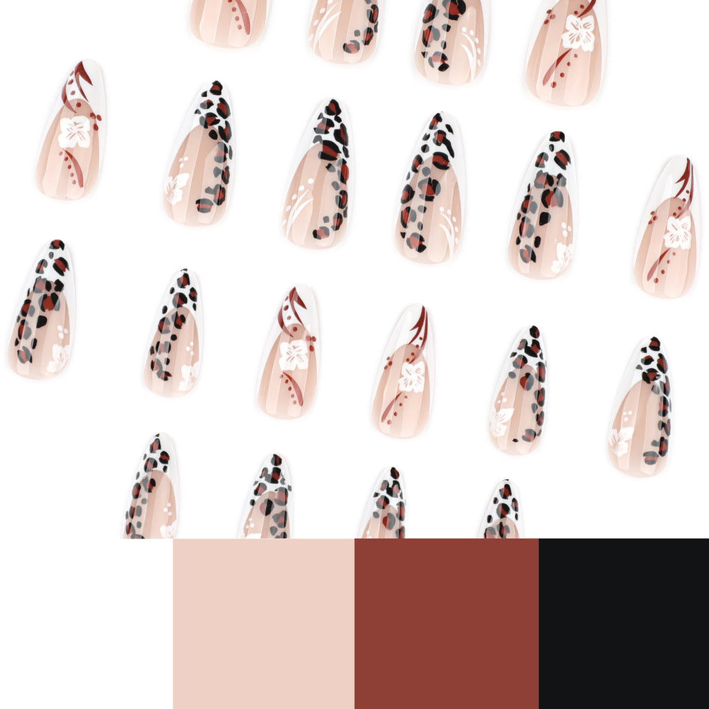 Leopard Blossom French short almond press-on nails