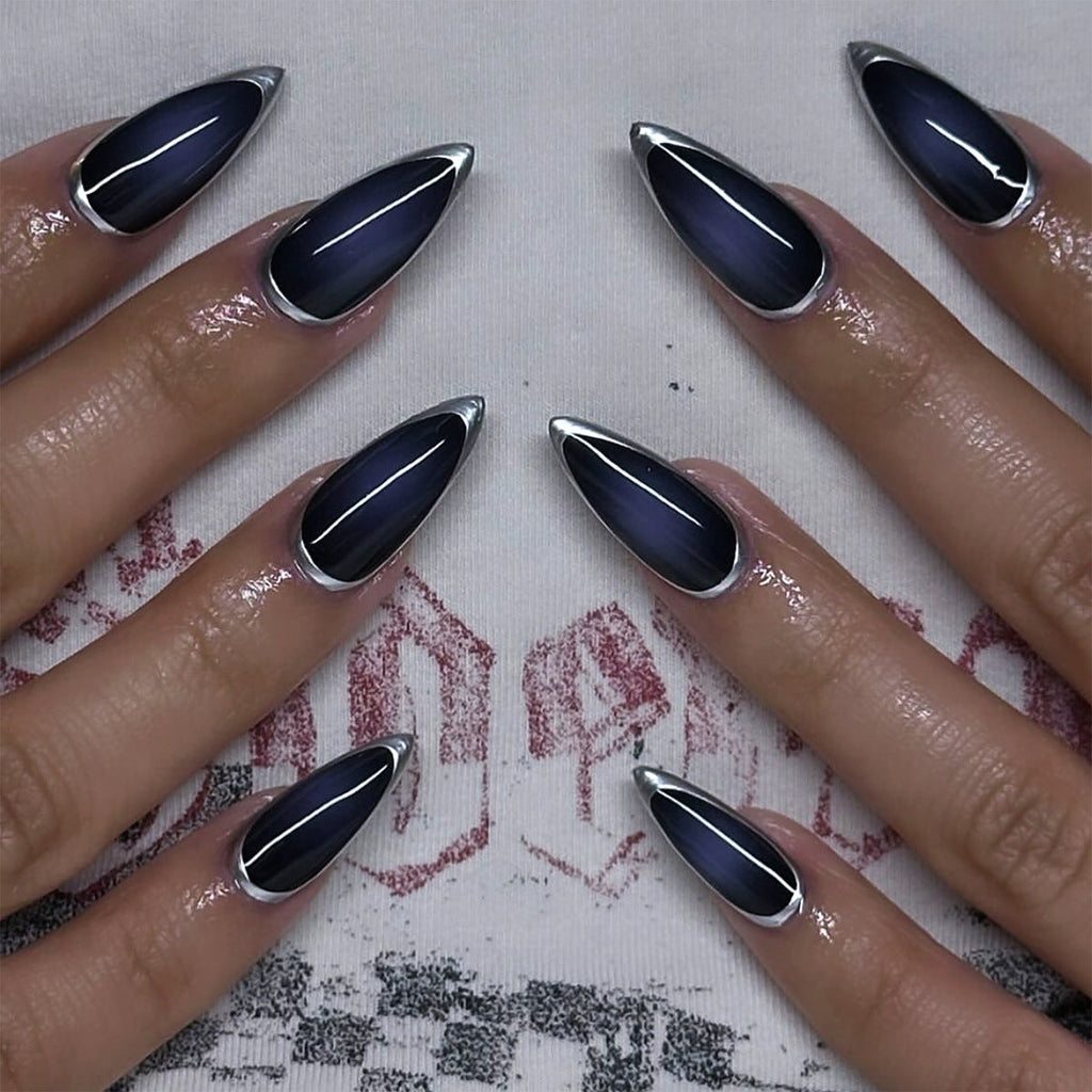 Midnight Silver French short almond press-on nails