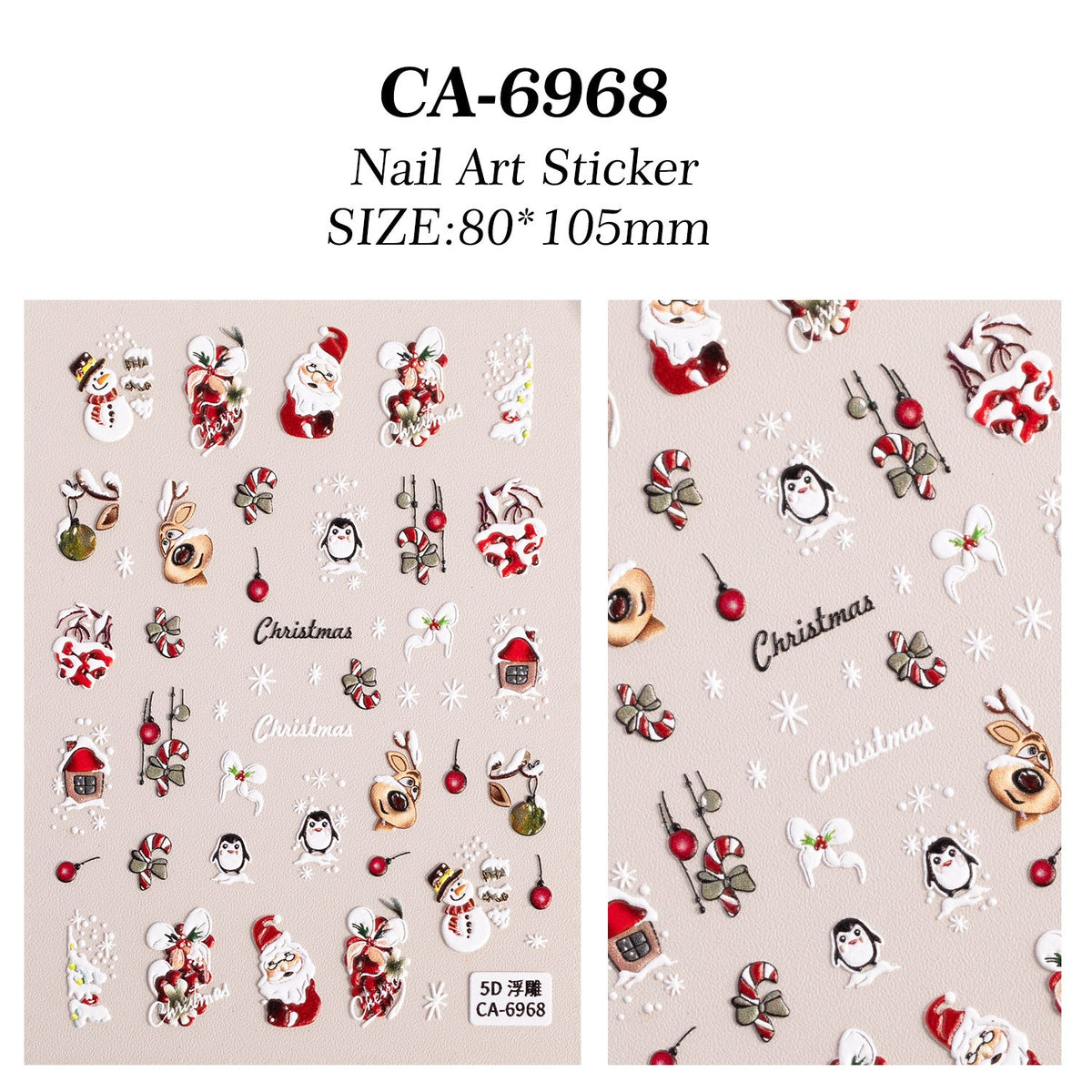 Holiday 5D Santa and elk nail stickers