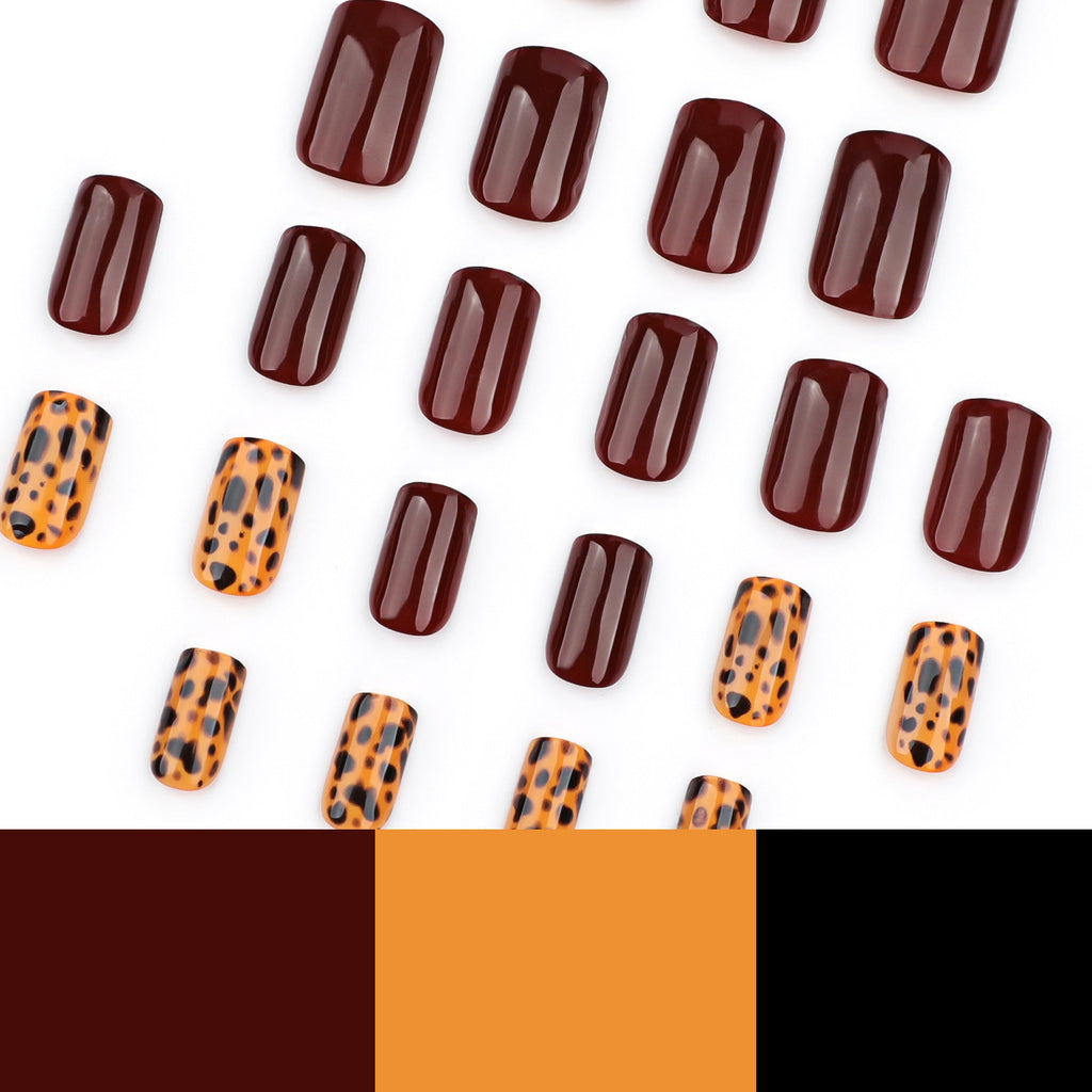 Burgundy Leopard short square press-on nails